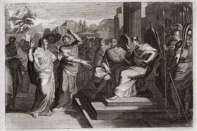 Bijbel van Royaumont, Oude Testament: Vroomheid van Josafat. Josafat, de meest vrome koning van Juda, doet alle prinsen om hem heen beven, en getuigt op verschillende manieren van zijn vroomheid jegens God, die hem over zijn vijanden deed zegevieren. Illus door Unknown artist