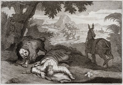 Bijbel van Royaumont, Oude Testament: Ongehoorzame profeet. Een profeet, die Jerobeam van zijn goddeloosheid had afgehaald, wordt gedood door een leeuw omdat hij de Heer niet had gehoorzaamd, die hem had verboden te eten en drinken op deze plaats. Illustra door Unknown artist