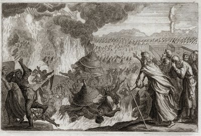 Bijbel van Royaumont, Oude Testament: Straf van Hemels Vuur. Korach (Kore), Dathan (Datan, Nathan) en Abiram (Abriron) morren tegen Mozes, en betwisten de heerschappij van de priester, worden allen levend vernietigd, en de aarde opent zich om hen te versli door Unknown artist