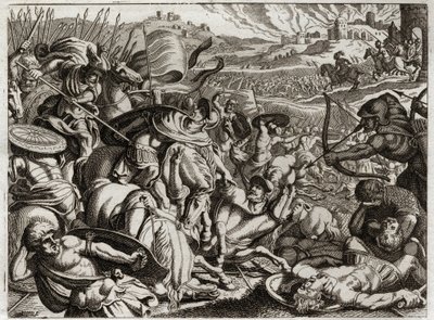 Bijbel van Royaumont, Oude Testament: Straf van de Benjaminieten. De stam van Benjamin wordt uitgeroeid. Illustratie uit 1811. door Unknown artist