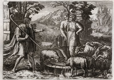 Bijbel van Royaumont, Oude Testament: Rachel en Lea. Jakob dient Laban, zijn oom, om zijn dochter Rachel te trouwen. Illustratie uit 1811. door Unknown artist