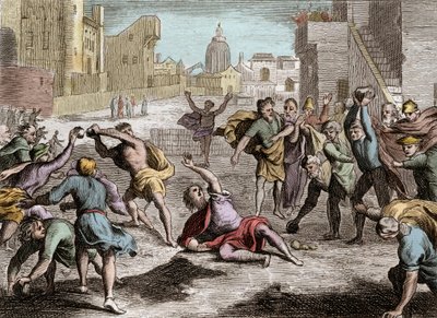 Bijbel van Royaumont, Oude Testament: Representatie van het schisma van Rehabeam dat het koninkrijk Israël verdeelde na de dood van Salomo - zijn volk stuurt afgevaardigden naar Rehabeam, zijn zoon, die, de raad van jonge mannen verkiesend boven die van ou door Unknown artist