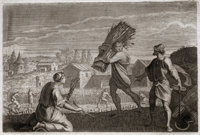 Bijbel van Royaumont, Oude Testament: Ruth volgt haar schoonmoeder Naomi naar het land van Juda en oogst de tarwevelden van Boaz. Illustratie uit 1811 door Unknown artist