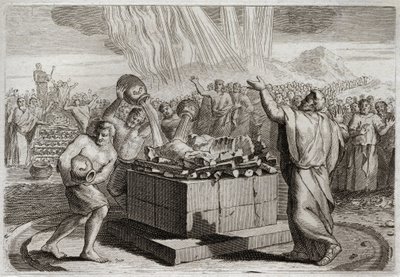 Bijbel van Royaumont, Oude Testament: Offer van Elia. En nadat hij de ware God had bekendgemaakt door het wonder van het vuur dat uit de hemel op zijn offer neerdaalde, beval hij het volk om de vierhonderdvijftig priesters van het afgodsbeeld van Baäl te d door Unknown artist