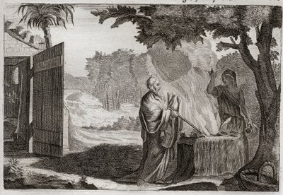 Bijbel van Royaumont, Oude Testament: Offer van Gedeon. Gedeon (Gideon) wordt door God geroepen om de Joden van hun vijanden te bevrijden. Hij brengt een offer op een steen, waaruit een vuur komt dat het verteert. Illustratie uit 1811. door Unknown artist