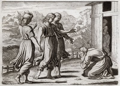 Bijbel van Royaumont, Oude Testament: Sara verwekt Isaak. Abraham ontvangt drie engelen die Sara (Sarah) beloven dat ze over een jaar een zoon zal hebben. Illustratie uit 1811. door Unknown artist