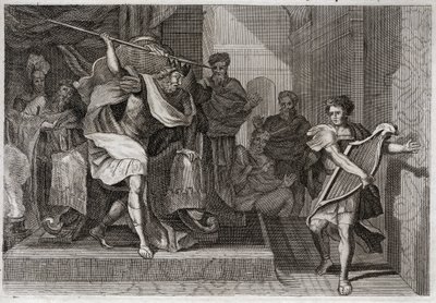 Royaumont Bijbel, Oude Testament: Saul wil David doden. Saul vol woede en jaloezie tegen David, wil hem met zijn speer doorboren terwijl hij voor hem harp speelde. Illustratie uit 1811. door Unknown artist