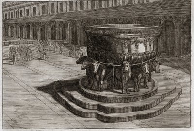 Bijbel van Royaumont, Oude Testament: Koperen Zee. Gietijzer wordt meestal de Koperen Zee genoemd om de voeten en handen van de priesters te wassen wanneer ze de tempel binnengaan. Illustratie uit 1811. door Unknown artist