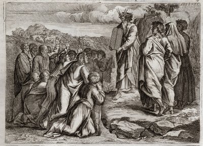 Bijbel van Royaumont, Oude Testament: Tweede Tafelen van de Wet. God geeft Mozes andere tafelen (Tien Geboden), die het volk met respect ontvangt. Illustratie uit 1811. door Unknown artist