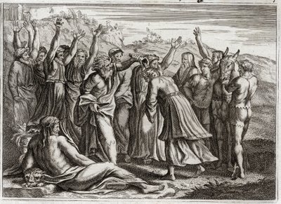 Royaumont Bijbel, Oude Testament: Koning Salomo. David stelde Salomo koning aan op de gebeden van Bethsabee en profeet Nathan. Illustratie uit 1811. door Unknown artist