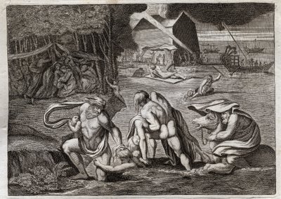 Bijbel van Royaumont, Oude Testament: De Zondvloed. De zondvloed overspoelt de hele aarde. Alleen de Ark redt degenen die erin opgesloten waren van deze ondergang. Illustratie uit 1811. door Unknown artist