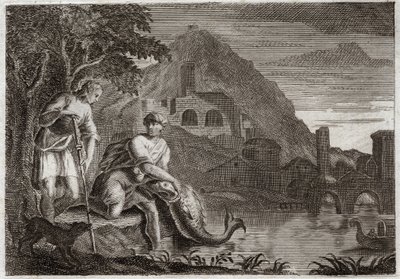 Royaumont Bijbel, Oude Testament: De engel leidt Tobia. Jonge Tobia wordt bang van een vis die hem wilde opeten. Engel Rafaël komt op Gods bevel om hem te begeleiden op een reis die hij moest maken. Illustratie uit 1811. door Unknown artist