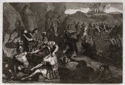 Bijbel van Royaumont, Oude Testament: Dieven van Siceleg. Enkele Amalekieten komen Siceleg plunderen in afwezigheid van David. Hij rent woedend en verslaat hen. Illustratie uit 1811. door Unknown artist