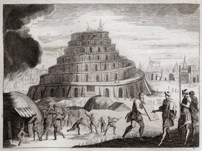 Bijbel van Royaumont, Oude Testament: Toren van Babel. Mannen willen uit ijdelheid een toren naar de hemel bouwen. God verhindert dit werk door hun tongen te verwarren zodat ze elkaar niet meer kunnen verstaan. Illustratie uit 1811. door Unknown artist