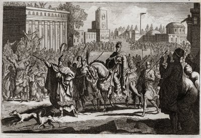 Bijbel van Royaumont, Oude Testament: Triomf van Mardochee. Aman (Haman) wordt door de koning gedwongen om de triomf van Mardochee (of Mordekhai of Mordecai) zijn vijand door de stad Susan (beter bekend als Susa) te verkondigen. Illustratie uit 1811. door Unknown artist