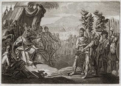 Bijbel van Royaumont, Oude Testament: Twaalf spionnen. Mozes stuurde twaalf spionnen om het land Kanaän (Beloofde Land) te verkennen. Ze laten het volk morren, en God, om hen te straffen voor dit gemor, verzekert hen dat ze nooit dit land zullen betreden.  door Unknown artist