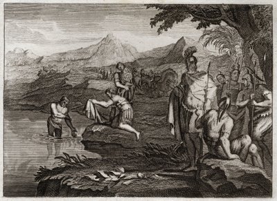 Bijbel van Royaumont, Oude Testament: Oorlog van Naäman. Naäman, generaal van het leger van de koning van Syrië, kwam de profeet Elisa opzoeken om van zijn melaatsheid genezen te worden. Illustratie uit 1811 door Unknown artist