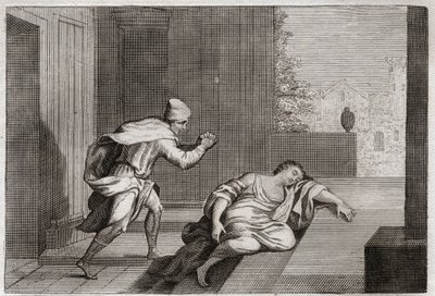 Bijbel van Royaumont, Oude Testament: Vrouw van de mishandelde Leviet. De vrouw van de Leviet werd dood gevonden bij de deur nadat ze door schurken was misbruikt. Illustratie uit 1811. door Unknown artist