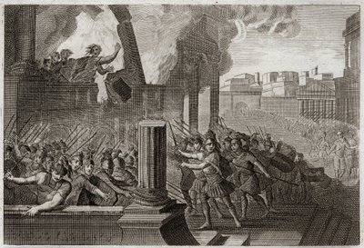 Bijbel van Royaumont, Oude Testament: Zambri verbrandt zichzelf en zijn familie in zijn paleis. Illustratie uit 1811. door Unknown artist