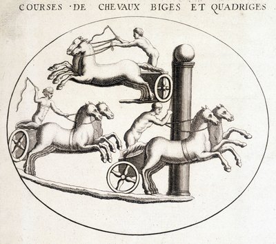 Biges en quadriges paardenraces. 19e-eeuwse gravure door Unknown artist