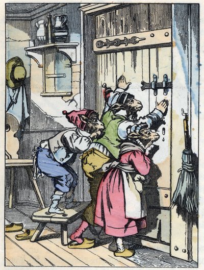 Biquets luisteren naar wie op de deur klopt. Illustratie van het sprookje 