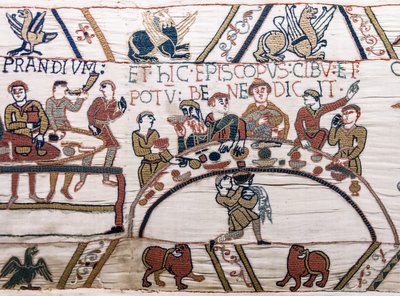 Bisschop Odo zegent het eten en de wijn, Bayeux Tapestry door Unknown artist