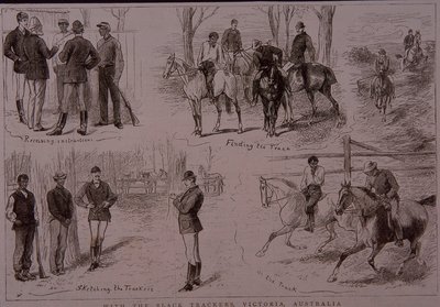 Zwarte speurders op het spoor van bushrangers in Victoria, Australië in 1881 door Unknown artist