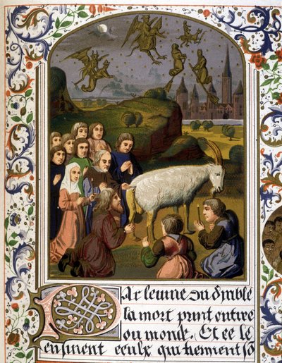 Zwarte mis rond een geit tegen een sabbat scène - Facsimile van een verluchting door Unknown artist