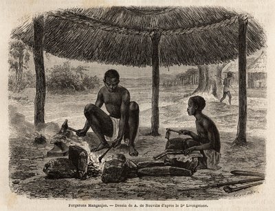 Smeden van de Manganja (etnische groep uit de Zambezi-regio). Gravure ter illustratie van Dr. Livingstone