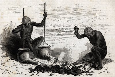 Smeden Lakoutas (stam in de regio van de Boven-Nijl), een gevorkte houten tak dient als tang, twee stenen dienen als hamer en aambeeld, twee aardewerken potten met lange buizen aan de basis dienen als blaasbalgen voor houtskoolvuur door Unknown artist