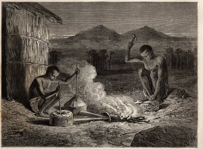 Smeden in Simiango, aan de oevers van de Zambezi-rivier. Gravure ter illustratie van Dr. Livingstone