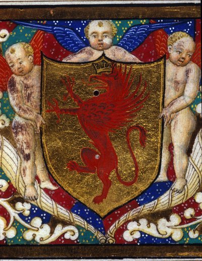 Wapen versiert een griffioenkroon op gouden achtergrond. Detail van een miniatuur. door Unknown artist