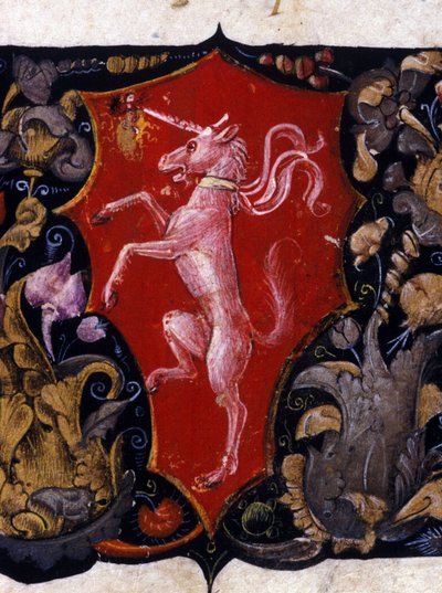 Wapen dat een eenhoorn op een rode achtergrond versiert. Detail van een miniatuur. 15e eeuw door Unknown artist