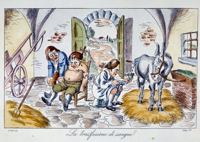 Bloedtransfusie. Een dokter injecteert paardenbloed in een patiënt. Cartoon uit de 19e eeuw. door Unknown artist