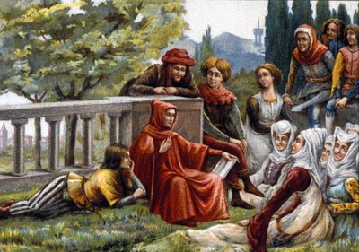 Boccaccio leest de Decamerone voor aan zijn vrienden tijdens de pestepidemie in Florence rond 1348. Chromolithografie uit het einde van de 19e eeuw door Unknown artist