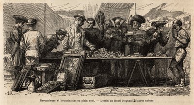 Boekverkopers en brocanteurs in de wind, nabij Montanara-plein, onder een opgezette tent, amateurs en geestelijken strijden om een rommelmarkt van antiek, sommigen lezen daar, anderen onderhandelen met gebaren. Gravure ter illustratie van de reis naar Rome door Unknown artist