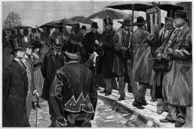 Boekmakers op de renbaan van Auteuil voordat de palen werden verwijderd, in "Le Monde Illustré" 1887 door Unknown artist