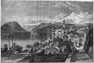 Borromees-eilanden van het Lago Maggiore (Lago maggiore in Lombardia) in Italië: Uitzicht op Isola Bella (Ila-Bella). Gravure in 