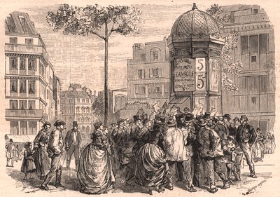 Boulevard Pigalle in Parijs: Parijse menigte rond een Morris-zuil tijdens de verkoop van kranten door Unknown