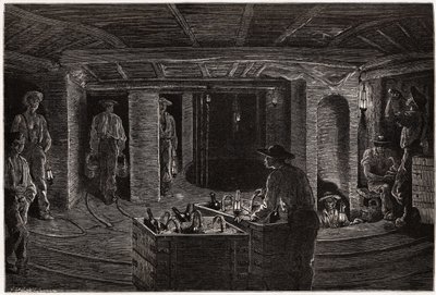 Ontbijt in de mijn, distributie en consumptie van mandmaaltijden aan mijnwerkers in de kolenmijngalerijen van de Creusot. Gravure ter illustratie van een reis naar de Creusot en de mijnen van Saone en Loire, in 1865, door L. Simonin, in 