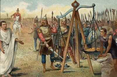 Brennus legt zijn zwaard in de weegschaal, 390 v.Chr.: Rome geplunderd door de Galliërs onder leiding van hun hoofdman Brennus (Brennos). Geconfronteerd met de weerstand van de Romeinen, stemde Brennus ermee in om te onderhandelen met de Romeinse militaire door Unknown artist