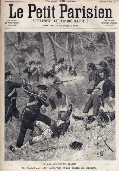 Banditisme in Italië: een gevecht tussen gendarmes en bandieten in Sardinië. (Briganti Sardi, Sardegna) Gravure in 