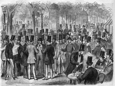 Makelaars bij de kleine Beurs van de Boulevard des Italians in Parijs, Frankrijk. Gravure in 