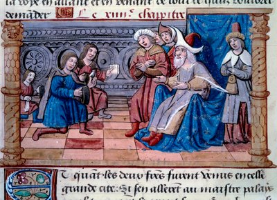Broers Nicolo en Matteo Polo, vader en oom van de jonge Marco Polo (1254-1324) werden ontvangen aan het hof van de Grote Qubilai (Kubilai Khan, eerste keizer van de Mongoolse Yuan-dynastie (1215-1294), Mongoolse keizer in 1271) door Unknown artist