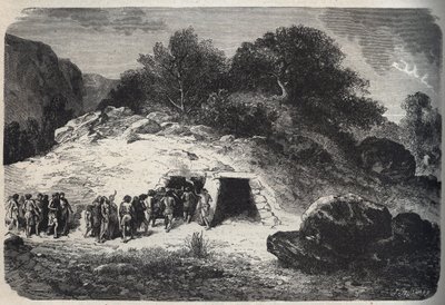 Begrafenis in grotten tijdens het Stenen Tijdperk - gravure door Unknown artist