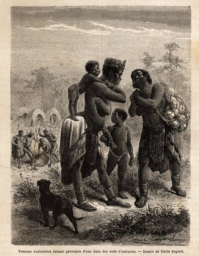 Bosjesmannen die water opslaan in struisvogeleieren, vergezeld door hun kinderen. Gravure ter illustratie van Dr. Livingstone