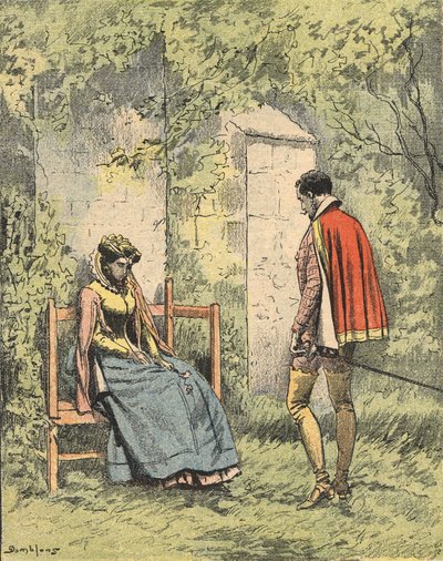Bussy en Diane, bekend als Madame de Monsoreau, in de tuin gereed van de kerk. Illustratie van de roman 