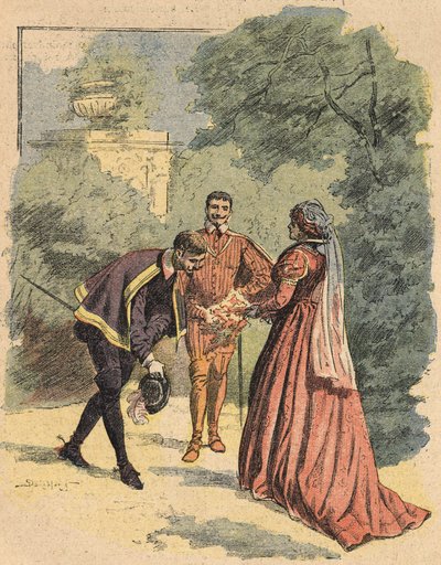 Bussy begroet Jeanne, vergezeld door Sint Lucas, in het park. Illustratie van de roman 