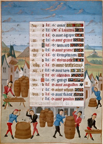 Kalender: Augustus - Fabricage van wijnvaten. Miniatuur van Meester Jean de Rolin uit 