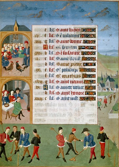Kalender: februari, de verschillende spellen: een soort cricket, de hanengevechten. Miniatuur van de Meester van Jean Rolin uit het manuscript 